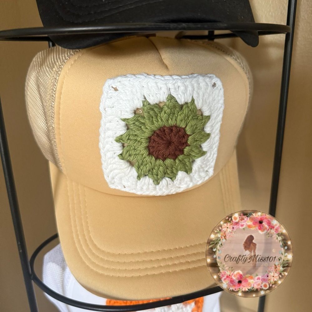 Tan Trucker Hat with Crochet Sunflower Patch